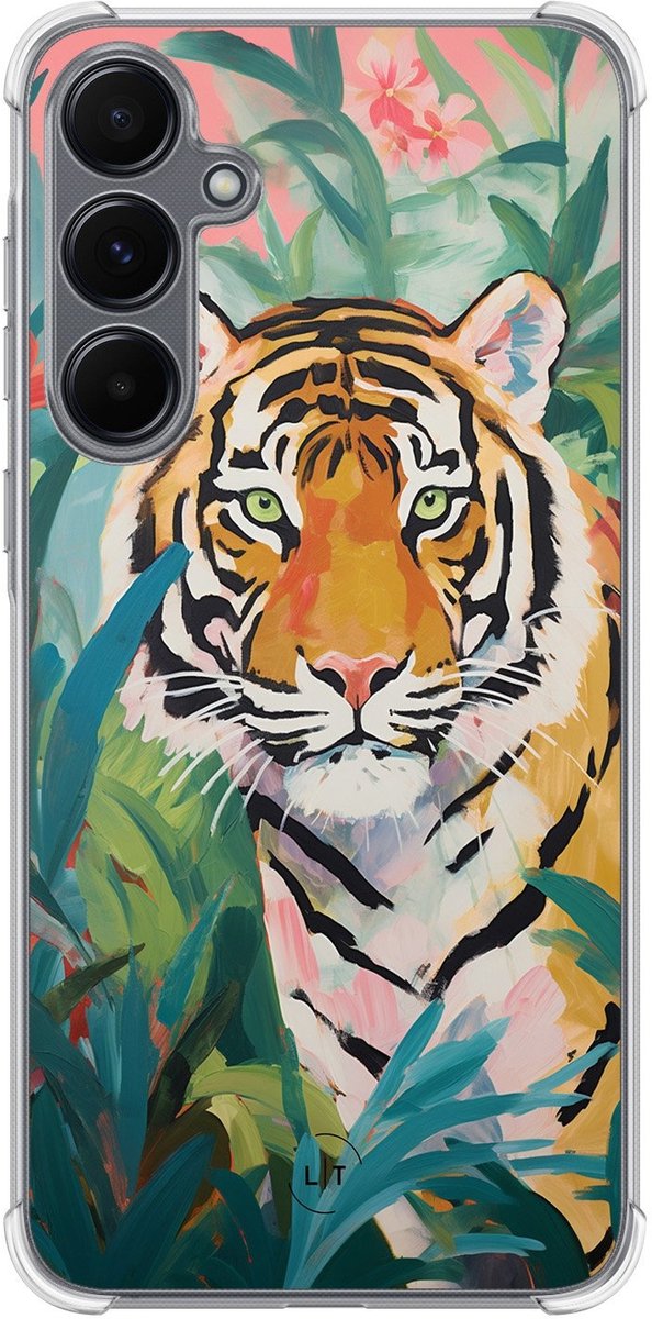 Shockproof hoesje - Geschikt voor Samsung Galaxy A15 - Tijger in de jungle - Extra sterke case - TPU/polycarbonaat - Print / Illustratie - Multi, Transparant