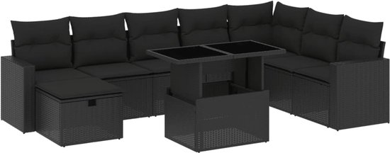 vidaXL 9-delige Loungeset met kussens poly rattan zwart - Loungeset - Tuinlounge - Loungemeubelen - Buitendecoratie - Outdoor Living
