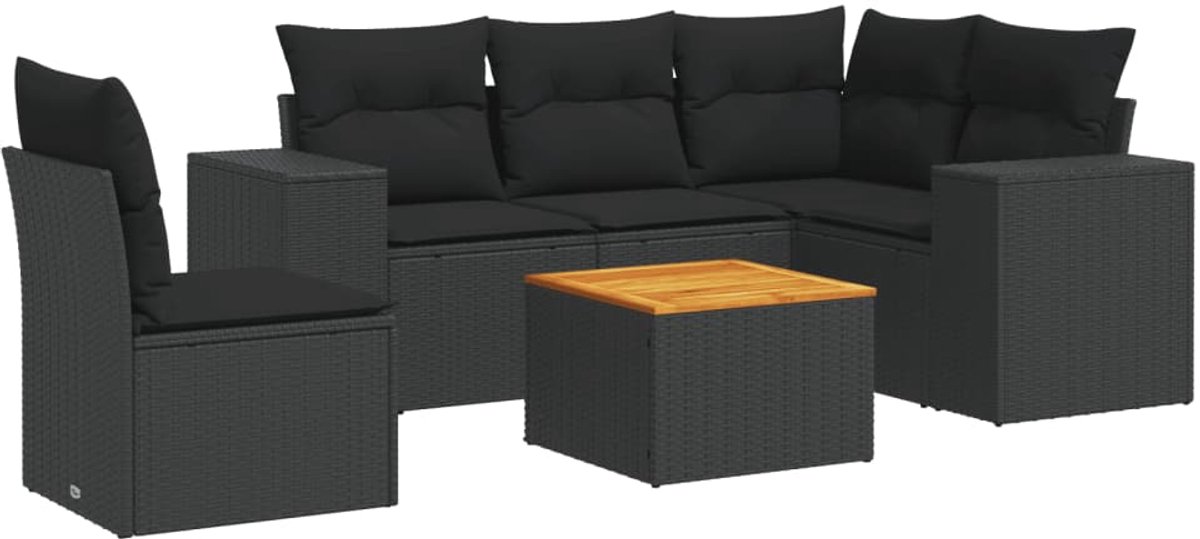 The Living Store 6-delige Loungeset met kussens poly rattan zwart - Loungeset - Tuinmeubels - Lounge Set - Poly Rattan - Buitendecoratie