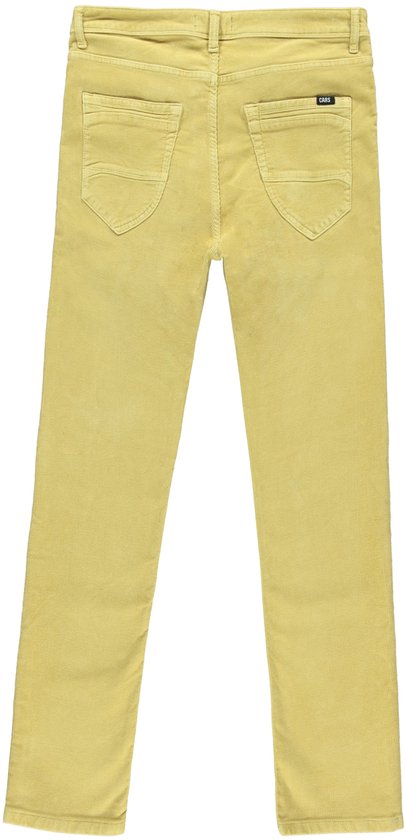 Achterkant van gele corduroy jeans met twee opgestikte achterzakken.
