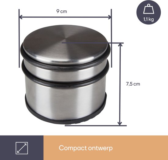 Perel Roestvrijstalen deurstopper, zonder boren, met antislip rubberen onderkant, 75 mm hoog en 90 mm diameter, voor een subtiele maar effectieve grip, ideaal voor elk interieur, grijs, 1 kg