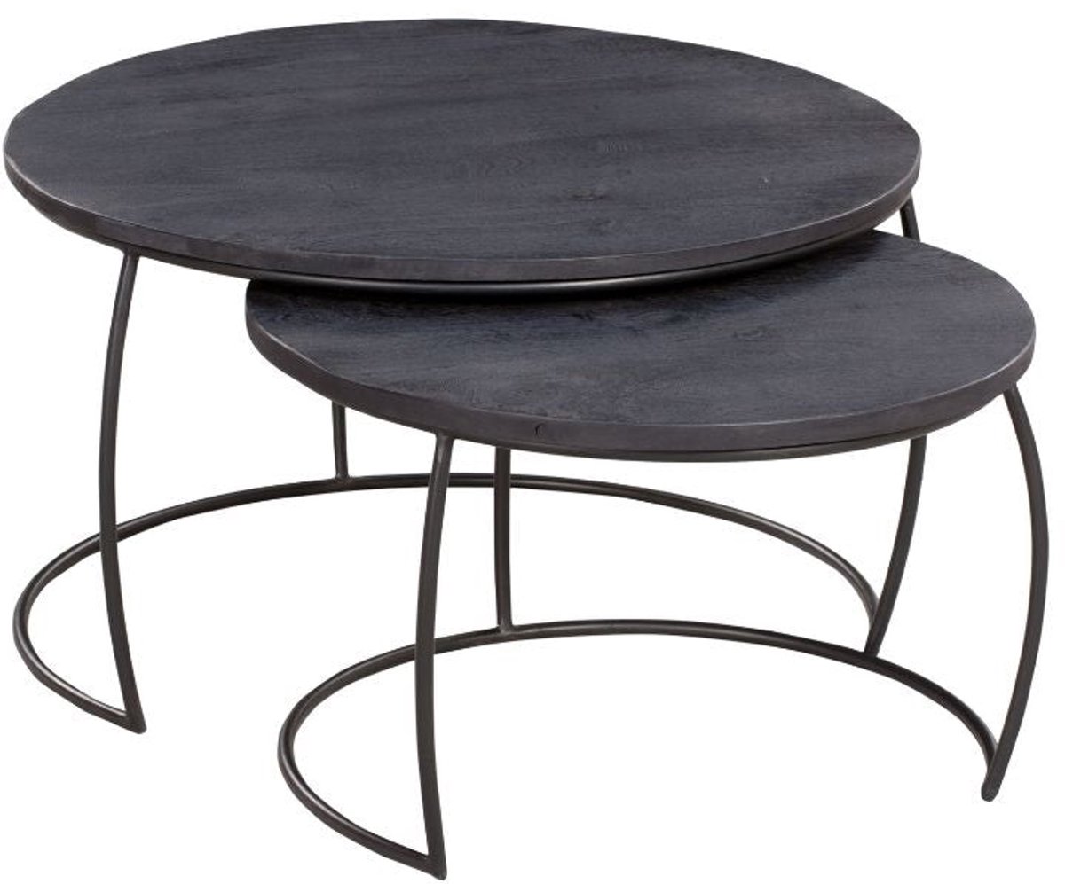 Salontafelset Rond set van 2 - Mangohout Zwart - Bijzettafels Set van 2 - Salontafel Zwart Rond - Bijzettafeltjes Woonkamer - Salon Tafel Mangohout Rond - Salontafel industrieel Landelijk - Tafeltje Set 2 stuks Zwart