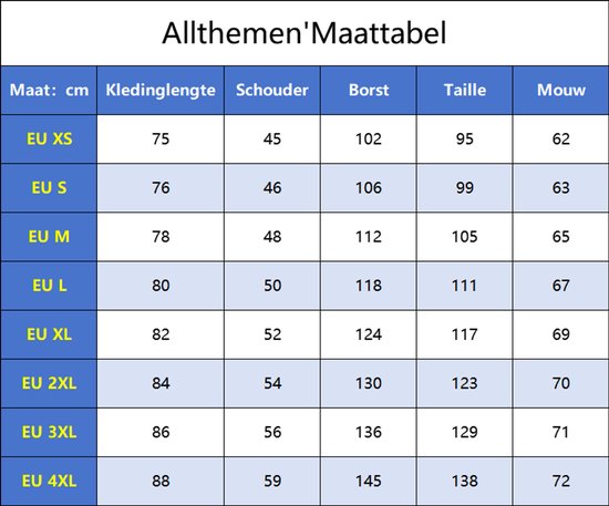 Maattabel voor kleding: Maat, Kledinglengte, Schouder, Borst, Taille, Mouw.