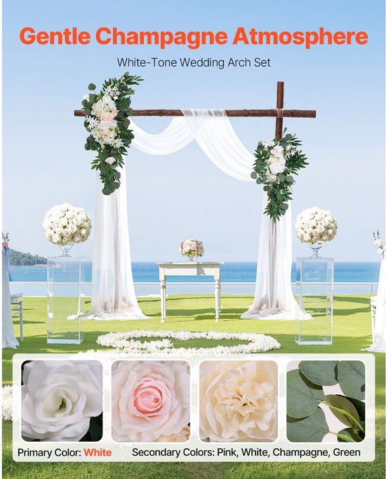 Bruiloft boog set met witte bloemen, champagne rozen, groen en witte draperie, met twee vierkante bloemstukken op zuilen.