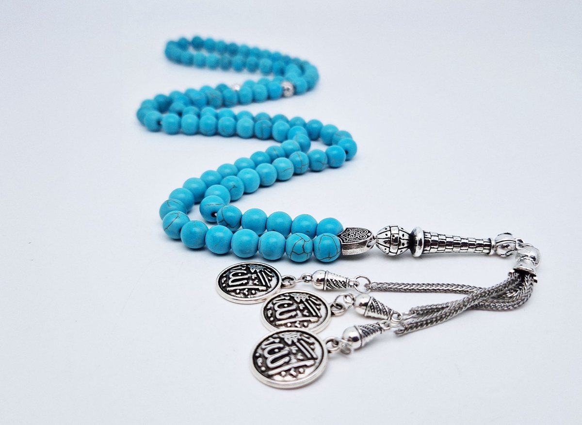 Handgemaakte tesbih "Tasbih" natuursteen "Turkoois" - Aantal kralen 99 - Diameter kralen 8MM - met metaal tassel "Allah jala jalaluh" - Een mooi cadeau-idee