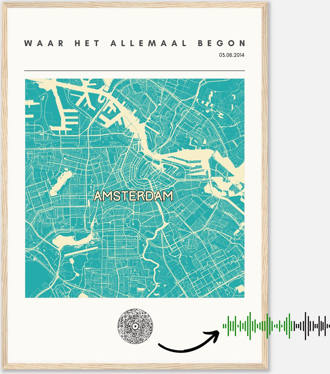 Citymap Poster Gepersonaliseerd – Plattegrond/Stadskaart van Jouw Speciale Plaats met Datum & Favoriete muziek | QR Code | 50 x 70 cm Premium Papier | Citymap Turquoise | Unieke Kunst & Blijvende Herinnering