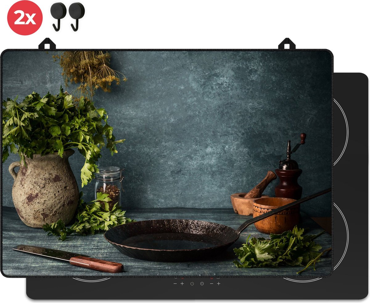 KitchyMist Inductie Beschermer 76x52 cm - Stilleven van Kruiden en Specerijen - Kookplaat Beschermer - Afdekplaat voor Kookplaat - Inductie Mat - Spatscherm Achterwand Keuken