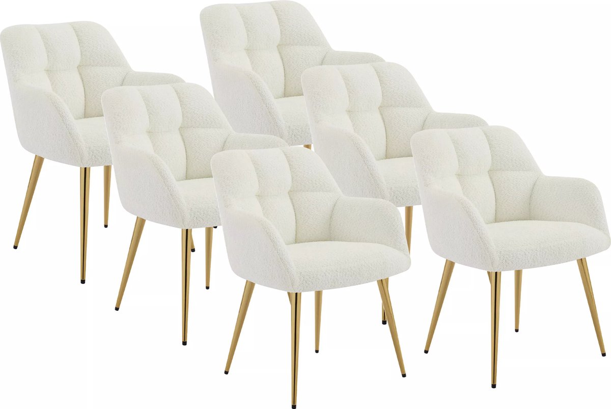 Vente-unique Set van 6 stoelen met armleuningen - Boucléstof en goudkleurig metaal - Wit - PEGA