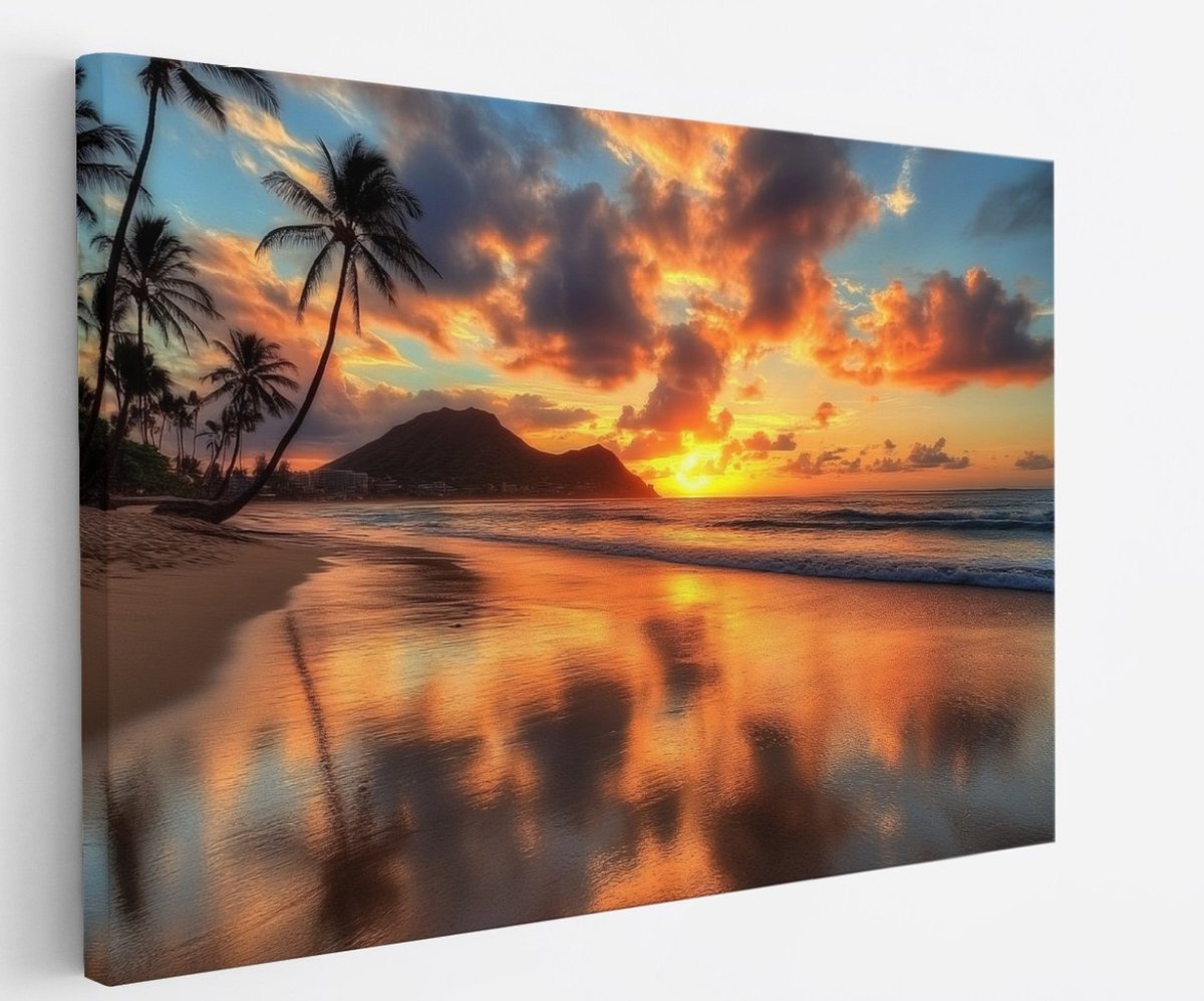 Saammp Canvas Schilderij - Tropisch strand - Zee met zonsondergang - 120x80 - Foto op canvas - Wanddecoratie - muurdecoratie Woonkamer - Slaapkamer decoratie - Canvas Print Multicolor