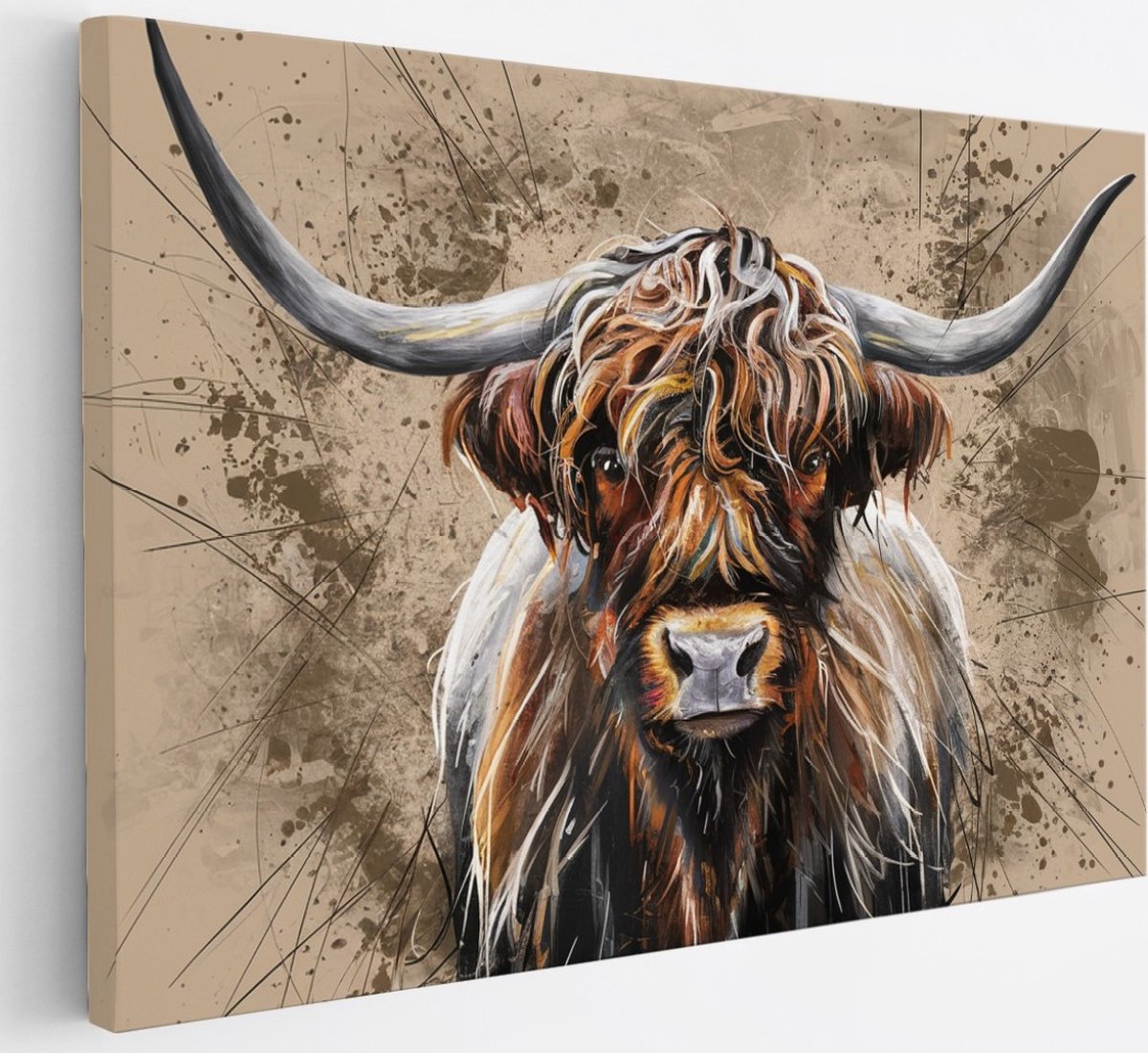 Saammp Canvas Schilderij - Schotse Hooglander Koe - Portret - Landschap - Dieren - Natuur - 30x20 - Foto op canvas - Wanddecoratie - muurdecoratie Woonkamer - Slaapkamer decoratie - Canvas Print Multicolor