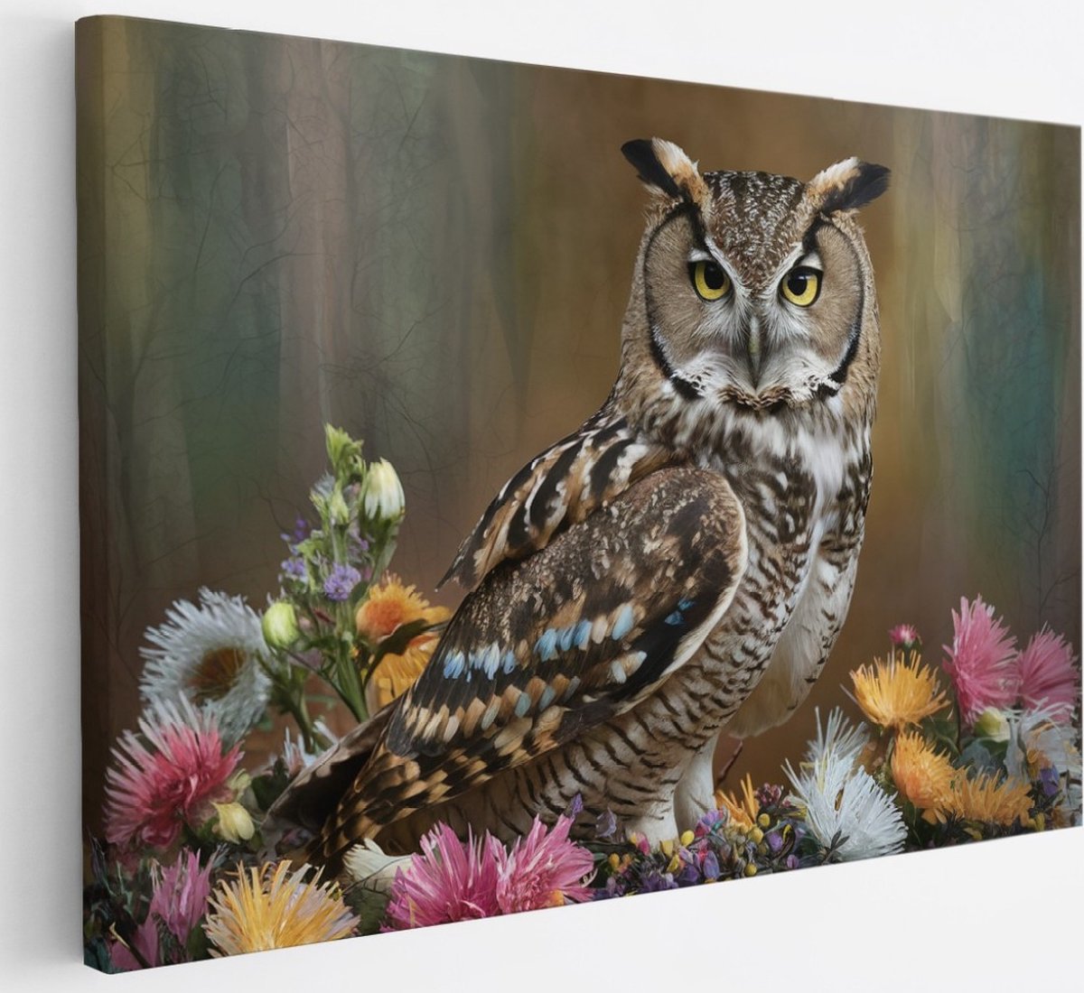 Saammp Canvas Schilderij - Uil tussen kleurrijke bloemen - Dieren - 30x20 - Foto op canvas - Wanddecoratie - muurdecoratie Woonkamer - Slaapkamer decoratie - Canvas Print Multicolor