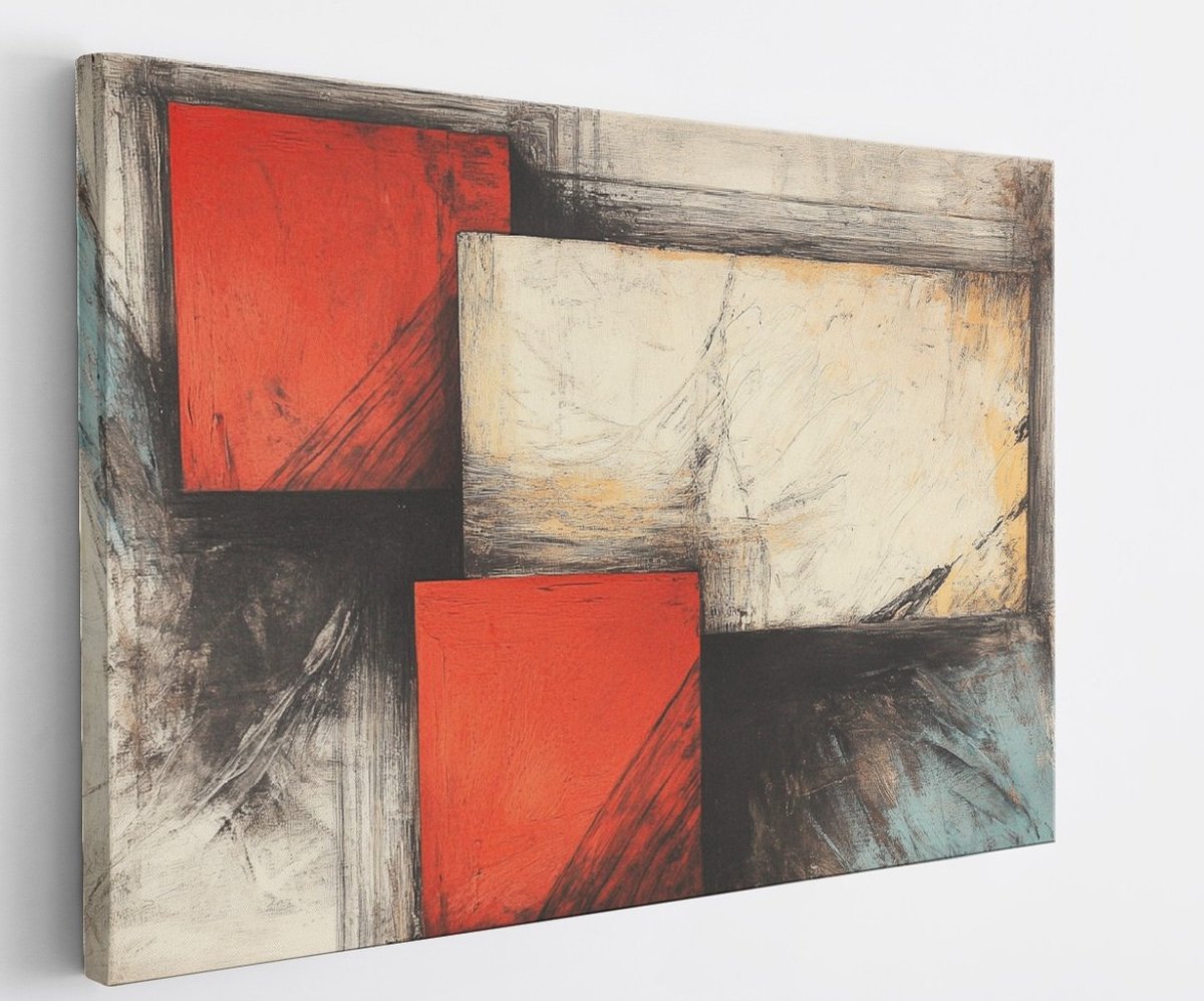 Saammp Canvas Schilderij - Rood geblokt - Abstract kunstwerk - 150x100 - Foto op canvas - Wanddecoratie - Muurdecoratie Woonkamer - Slaapkamer decoratie - Canvas Print Multicolor