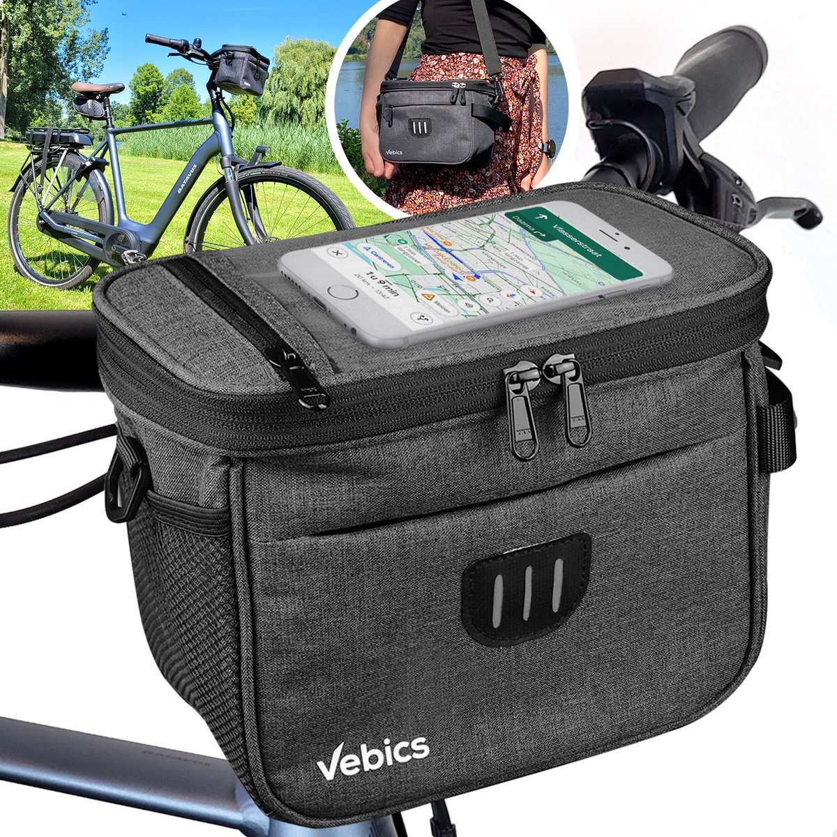 Vebics® Stuurtas Fiets Afneembaar - 100% Waterbestendig - Fietstas stuur - Schoudertas - Inclusief schouderband & E-book