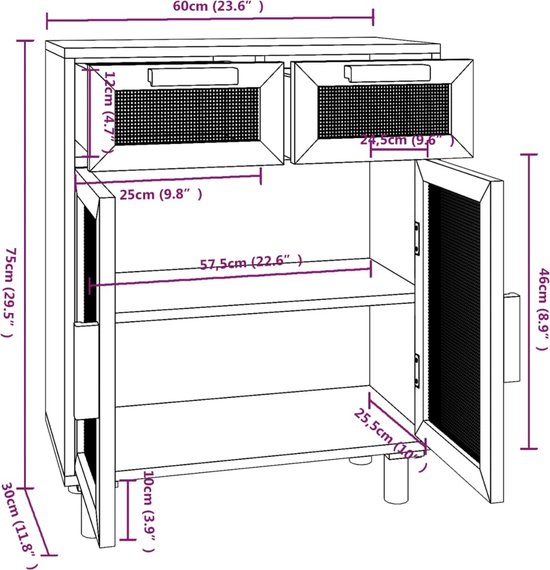 The Living Store Dressoir 60x30x75 cm massief grenenhout en rattan wit - Dressoir - Commode - Opbergmeubel - Salontafel - Livingroom Furniture