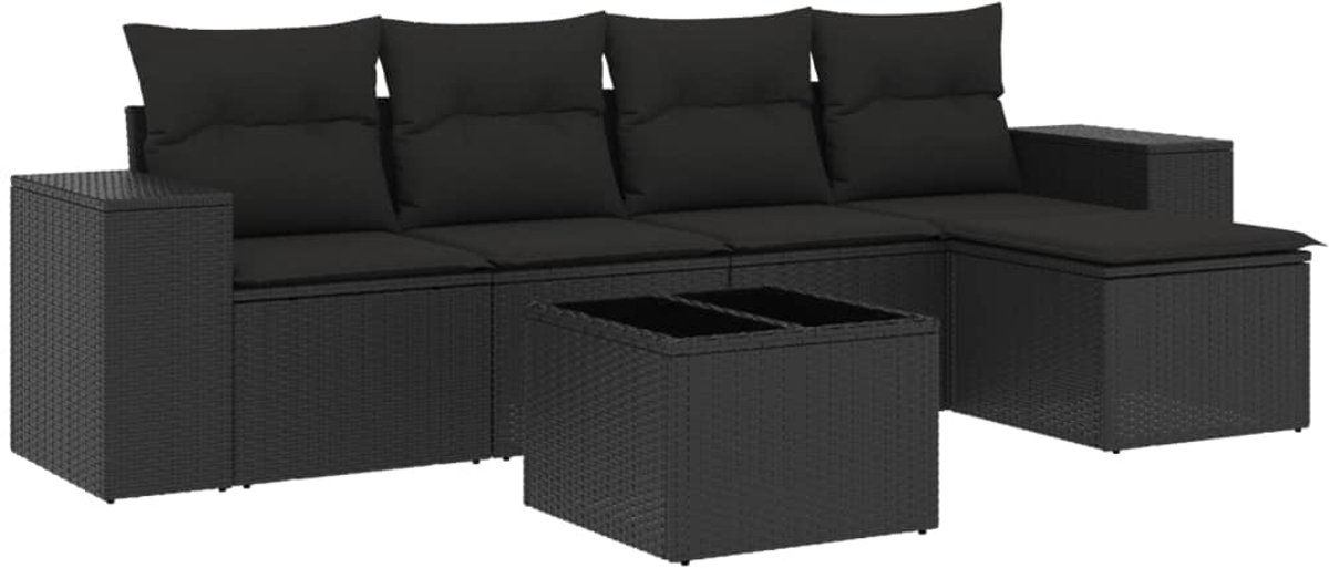 vidaXL 6-delige - Loungeset - met - kussens - poly - rattan - zwart