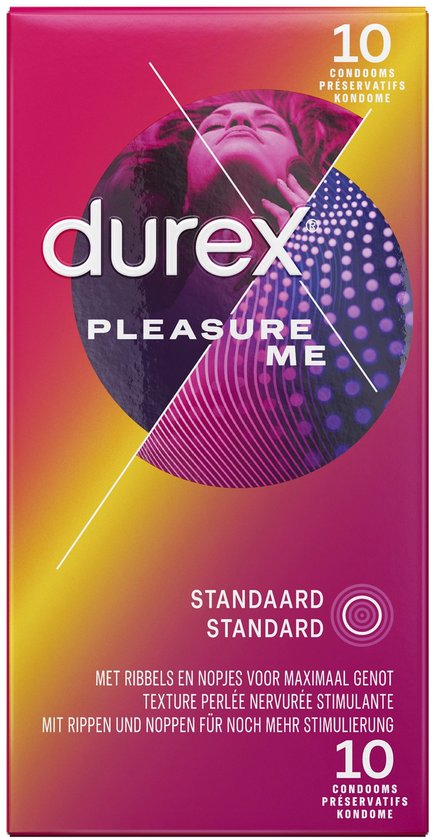 Durex Pleasure Me verpakking: roze en gele gradiënt met afbeelding van vrouw, met "durex", "Pleasure Me" en 10 condooms.