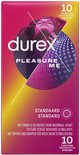 Durex Pleasure Me verpakking: roze en gele gradiënt met afbeelding van vrouw, met "durex", "Pleasure Me" en 10 condooms.