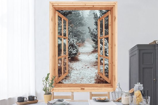 Stickers muraux - Feuille autocollante - Forêt - Hiver - Arbres - Nature - Chemin - Vue - 120x160 cm - Film adhésif - Stickers muraux chambre d'enfant - Papier peint autocollant XXL - Papier peint autocollant - Feuille autocollante