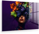 MuchoWow® Glasschilderij 150x100 cm - Schilderij acrylglas - Vrouw - Paars - Druiven - Foto op glas - Muurdecoratie woonkamer - Wanddecoratie slaapkamer - Schilderijen