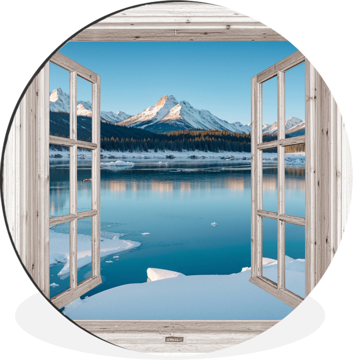 WallCircle Wandcirkel - Muurcirkel - Landschap - Winter - Meer - Bergen - Uitzicht - Doorkijk - Licht - Aluminium - Dibond - 140x140 cm - Binnen en Buiten