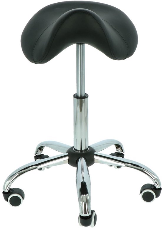 Alora zadelkruk - Tabouret – Zwart/Chrome - kruk – kapperskruk - Ergonomische zadelstoel op wielen