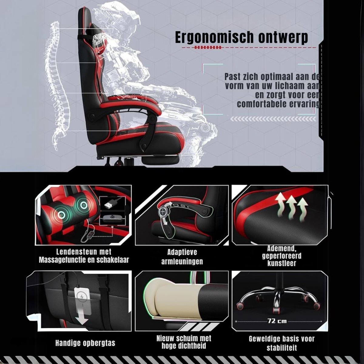 Zylo® Gaming Stoel met Massagefunctie en Voetsteun - Rood - afbeelding 3