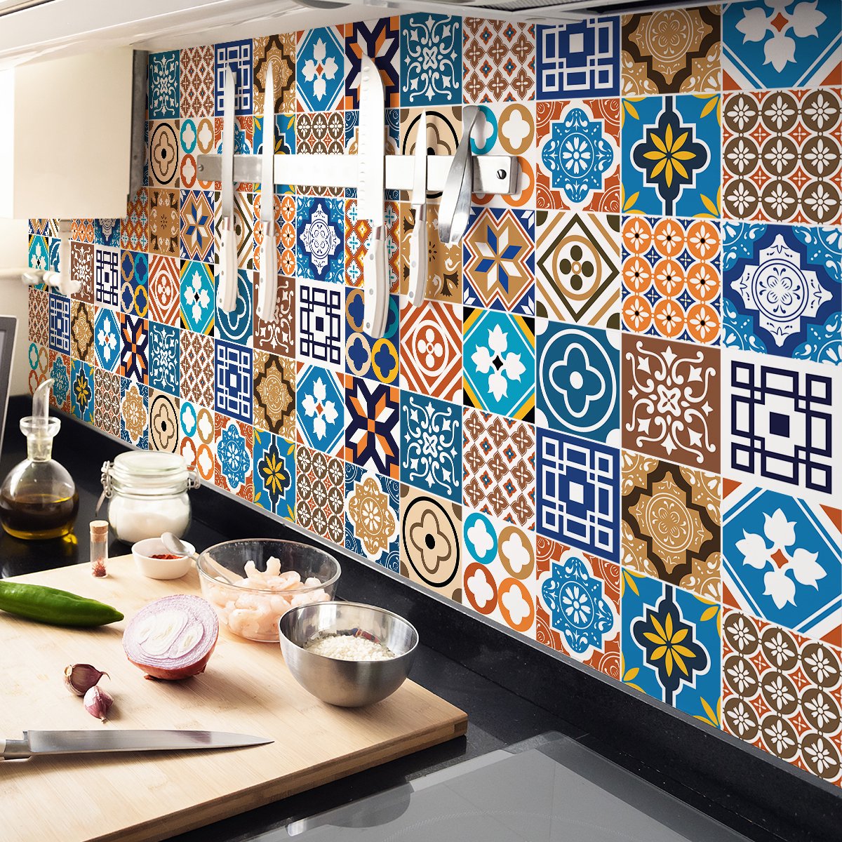 Ambiance Sticker Zelfklevende tegelmuurstickers voor keuken en badkamer - 24 CRIFITIO cementtegelstickers - 24 stickers 15x15cm Multi color