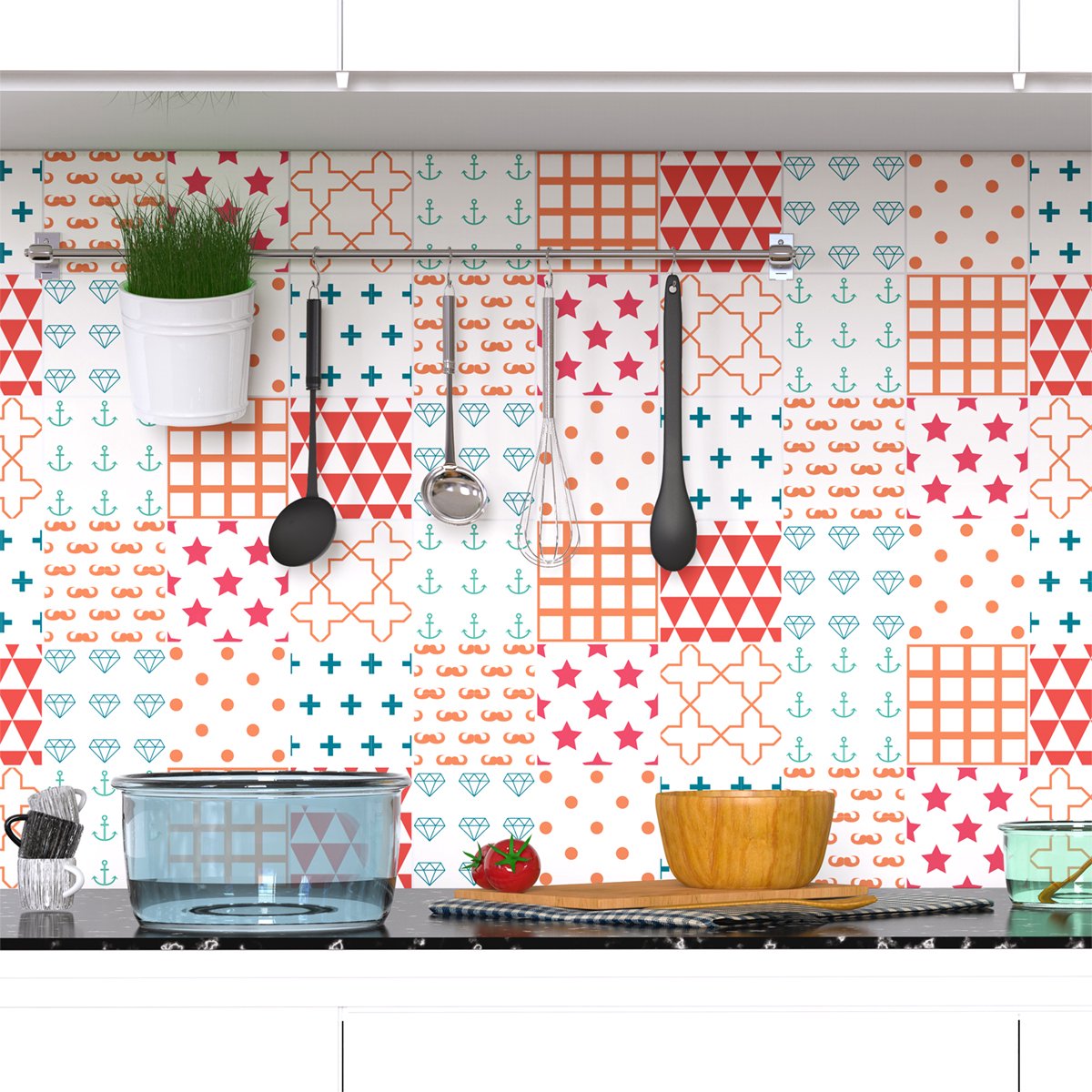 Ambiance Sticker Zelfklevende tegelmuurstickers voor keuken en badkamer - 9 Scandinavische tegelstickers - 9 stickers 20x20cm Multi color