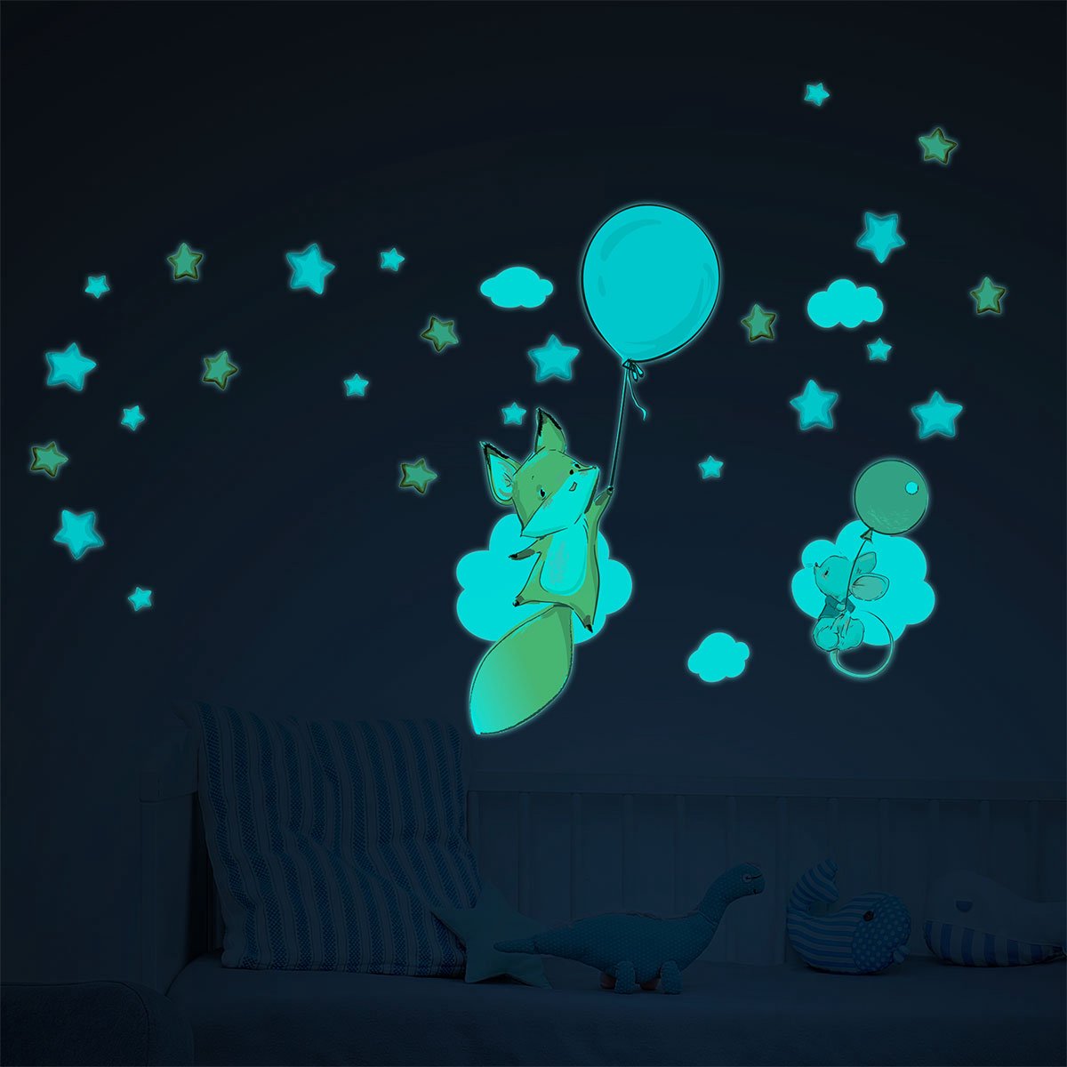 Lichtgevende sticker - VOS EN VLIEGENDE MUIS + 80 STERREN - Fluorescerende muur-/plafondst