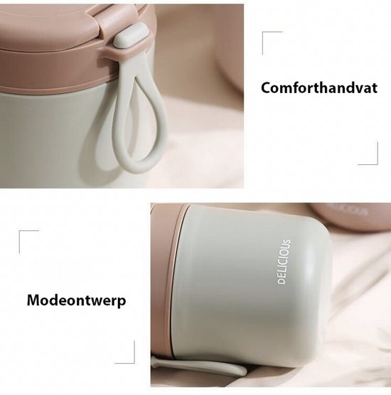 Lichtgroene lunchpot met bruin deksel en lus. Tekst 'DELICIOUS' op de pot.