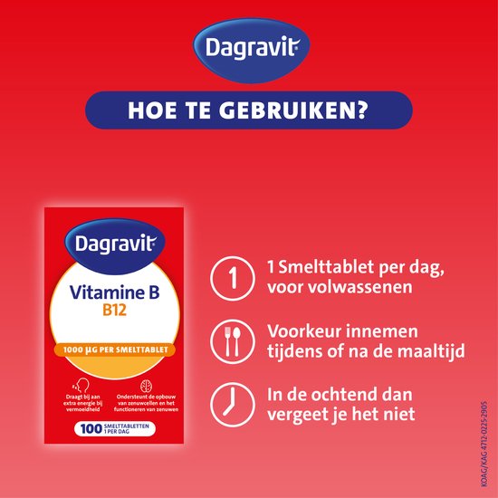Dagravit Vitamine B12 1000µg - Draagt bij aan extra energie bij vermoeidheid en ondersteunt het functioneren van de zenuwen - 100 smelttabletten