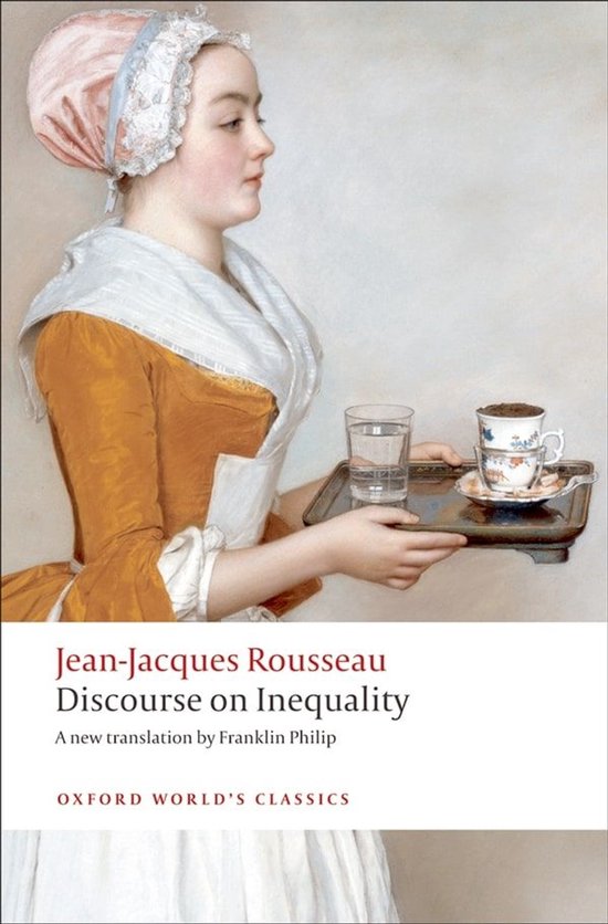 Boekhoes met een schilderij van een vrouw in oranje jurk en roze kapje, die een dienblad met een glas water en koffie draagt. Titel: Discourse on Inequality.