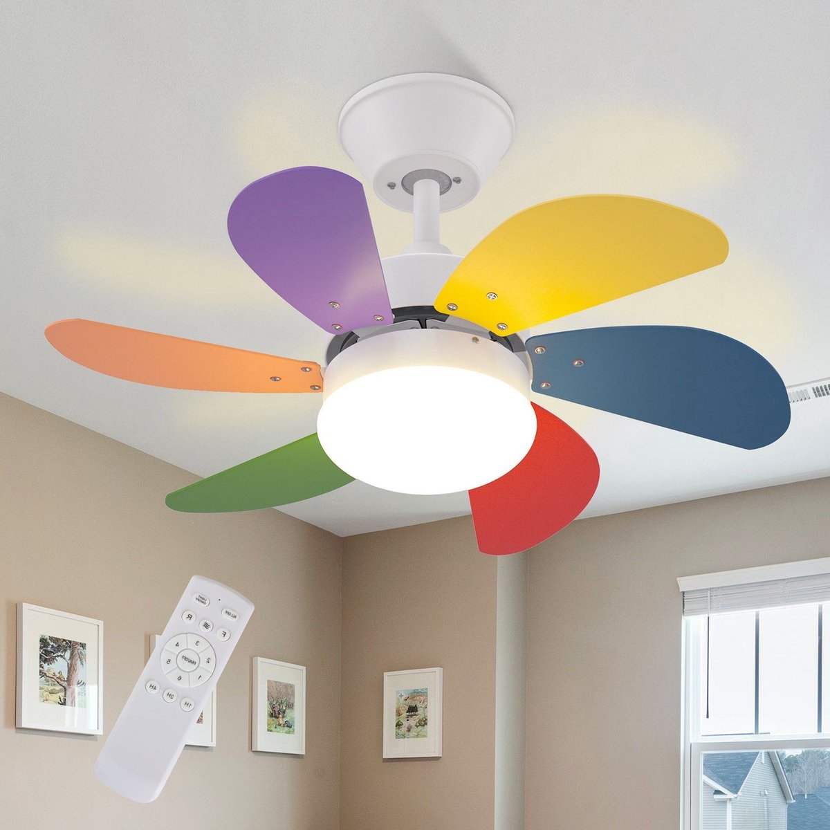 NETTLIFE Plafondventilator Met Verlichting - E27 - Kleurrijk - 6 Bladen Ventilator - met Afstandsbediening - 75cm - Timing Plafondlamp - Voor Woonkamer | Slaapkamer | Keuken | Eetkamer-excl. lichtbron