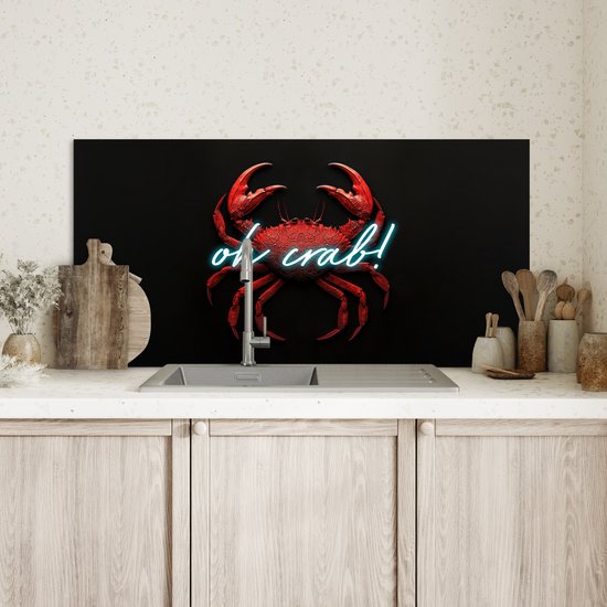 Crédence de Cuisinière en Aluminium 80x40 cm - Crabe - Rouge - Néon - Citation - Écran Pare-éclaboussures pour Plaque de Cuisson - Protection Murale