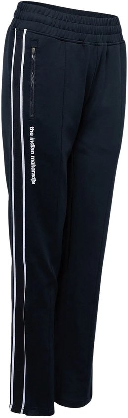 Donkerblauwe trainingsbroek voor dames met witte strepen op de zijkant en de tekst 'the indian maharadja'.