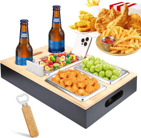 PBWZF Bankbar, snackbox met 3 XXL roestvrijstalen schalen en 2 bekerhouders, 2-in-1 snackbox en dienblad, van natuurlijk bamboe, elegante bank, bar, sofa, butler voor woonkamer, picknick