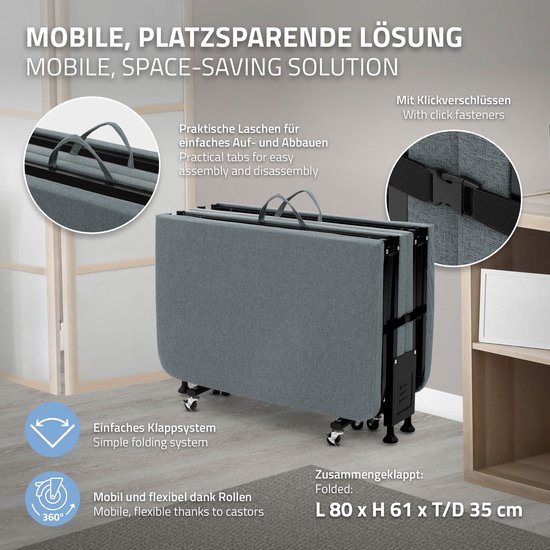 Lit d'appoint pliable 80x190 cm avec matelas enroulable pour enfants et adultes jusqu'à 200 kg de capacité de charge