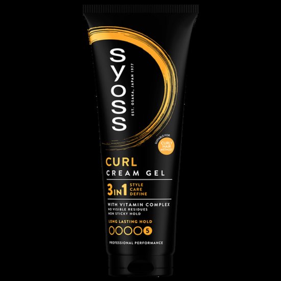 Zwarte tube Syoss Curl Cream Gel, met gouden cirkelvormig logo, '3IN1' en 'LONG LASTING HOLD'.