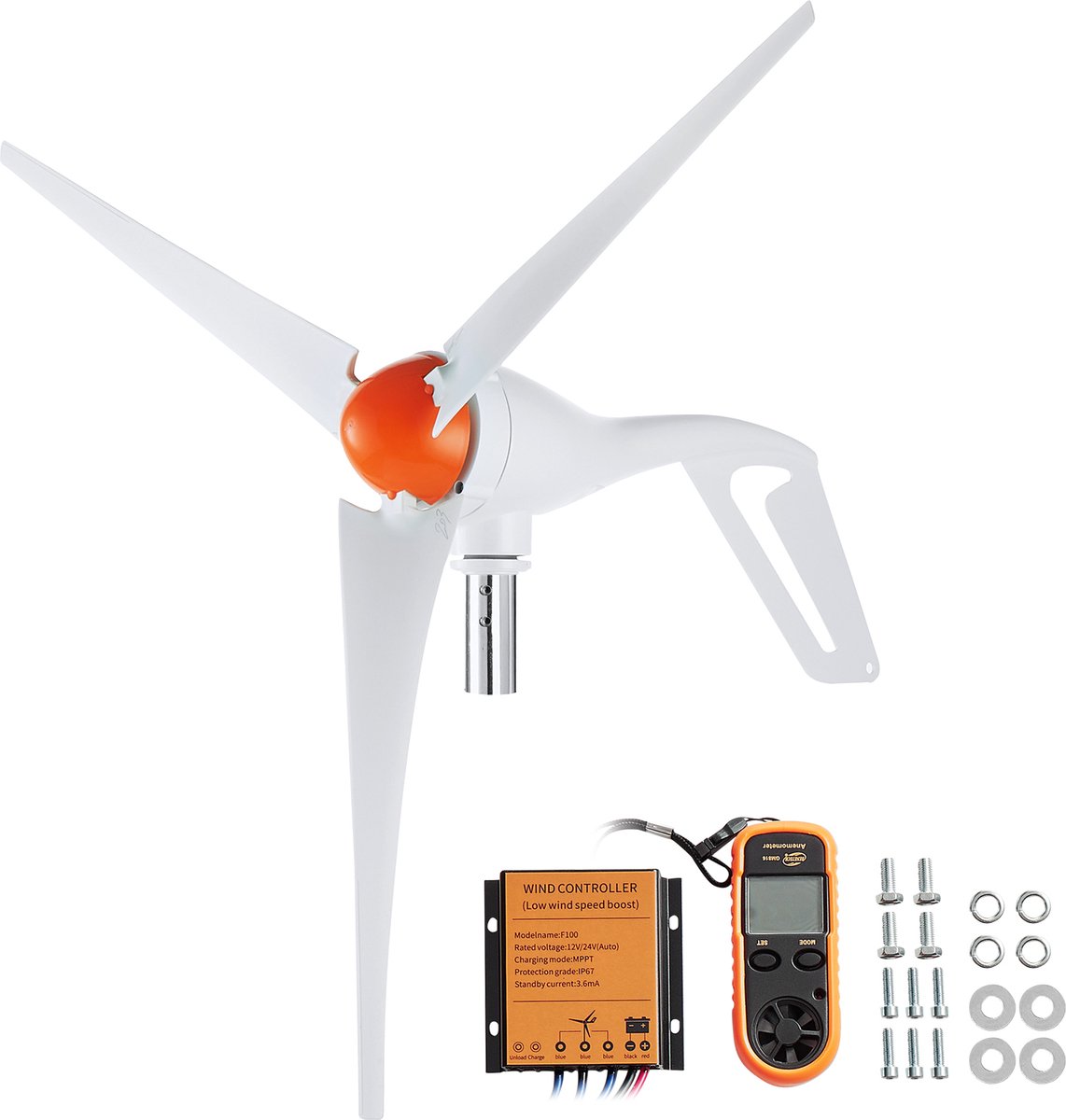 VEVOR 500W Windturbine, 12V Windgenerator, 3-bladige Windgenerator met Anemometer, MPPT-controller en Verstelbare Windrichting, Geschikt voor Thuis, Boerderij, Camper, Boot