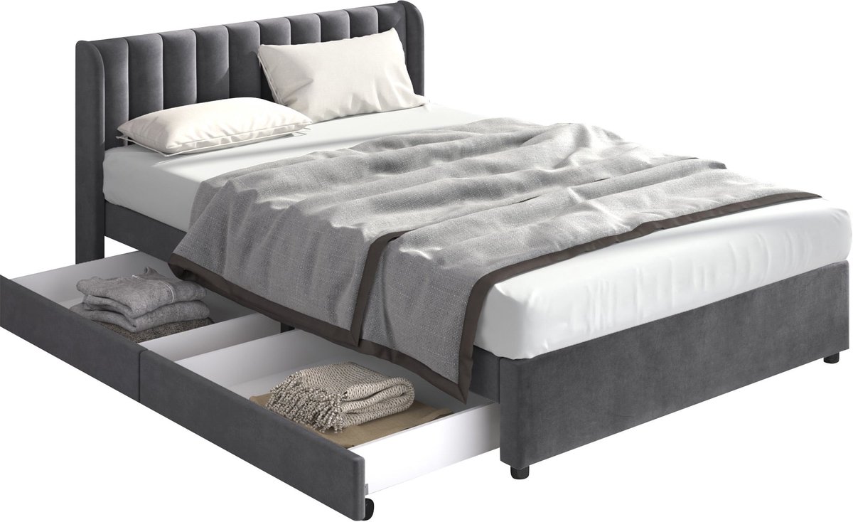 Merax Gestoffeerd Tweepersoonsbed 140x200 cm – Grijs Fluweel Gestoffeerd Bed met Houten Lattenbodem en 2 Opberglades