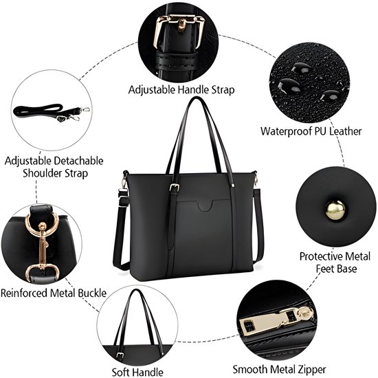 Lubardy Handtas voor dames, shopper, groot, zwart, laptoptas, 40 cm, elegante PU-lederen schoudertas, werktas voor business, kantoor, school, winkelen, werk, zwart make-uptas, Large