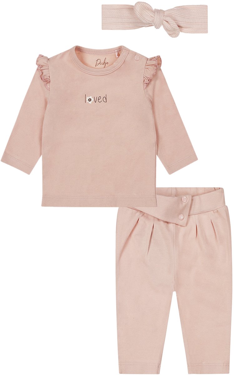 Dirkje - Basic Collection - BIO COTTON - Broek Light Dusty Pink - Shirt Light Dusty Pink met print - met haarbandje - Maat 86