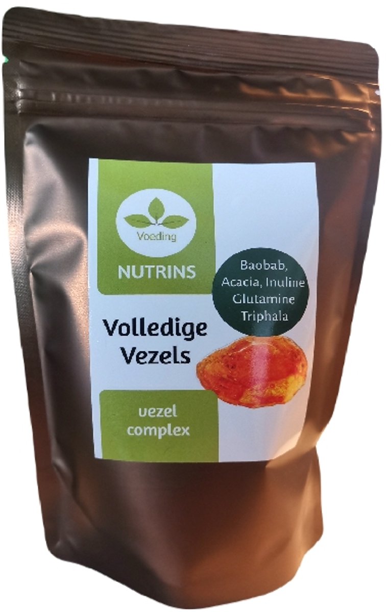 Volledige vezels Nutrins 20 x 8,5 gram. Prebiotica volledige voedingsvezels: Baobab-vezels, Acacia-vezels, inuline, triphala (zie foto), L-glutamine en stevia.