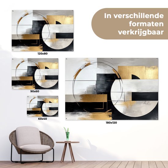 Tuinposter 120x80 cm - Tuindecoratie Abstract - Goud - Zilver - Vormen - Aesthetic - Poster voor in de tuin - Buiten decoratie - Schutting tuinschilderij - Tuindoek muurdecoratie - Wanddecoratie balkondoek