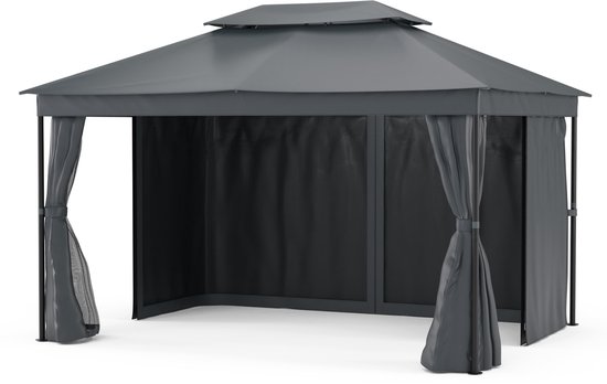 Blumfeldt Mondo Dubbel Paviljoen 3x4 - Dubbel dak & muggengaas, Roestvrijstalen frame, Weerbestendige overkapping, Tuinpaviljoen, Donkergrijs