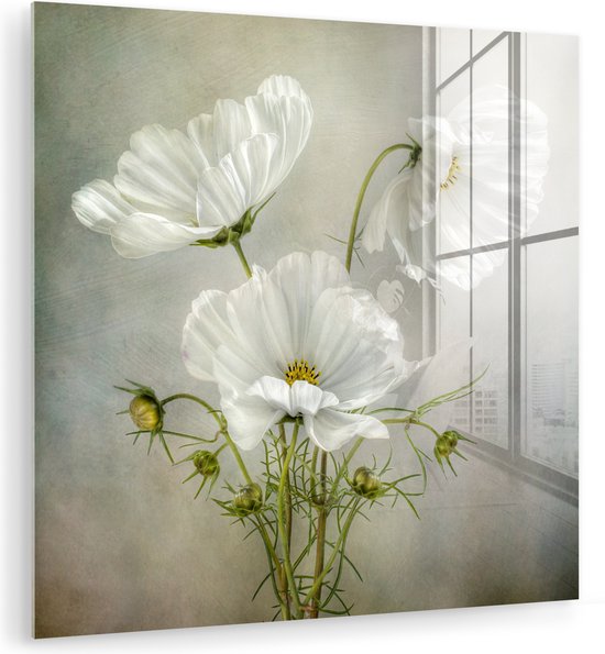 MuchoWow® Glasschilderij 20x20 cm - Schilderij acrylglas - Bloemen - Stilleven - Klaproos - Wit - Botanisch - Foto op glas - Muurdecoratie woonkamer - Wanddecoratie slaapkamer - Schilderijen