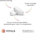 Twee witte tabletten met tekst over optimale dosering, zonder hulpstoffen en vrij van conserveermiddelen.