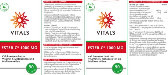 Doosjes Vitals Ester-C 1000 mg met ingrediënten, samenstelling en gebruiksaanwijzing.