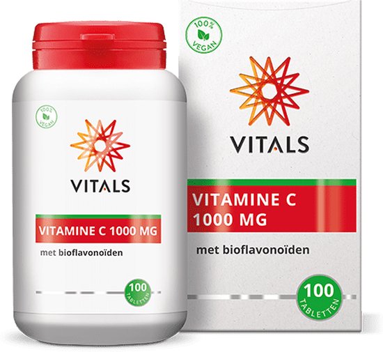 Pot en doos Vitals Vitamine C 1000 mg met bioflavonoïden, 100 tabletten, 100% vegan.