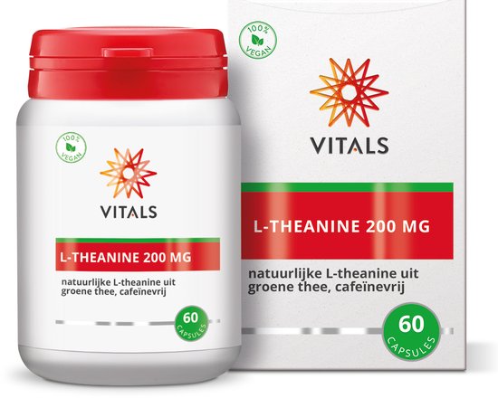 Vitals L-Theanine 200 mg pot en doos. Natuurlijke L-theanine uit groene thee, cafeïnevrij. 60 capsules.